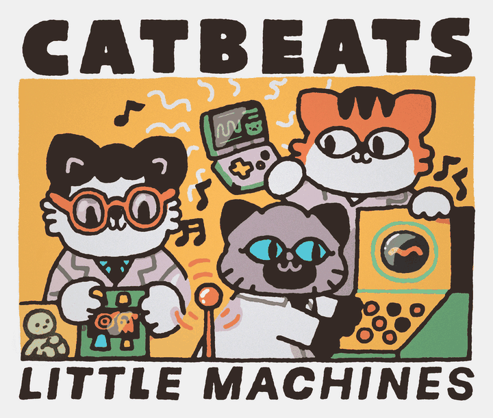 catbeats: three cartoon cats making music with little machines, one in orange glasses at a sampler, a siamese at a mic, an orange tabby at a turntable.