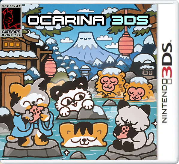 Ocarina 3DS game case cover by catbeats: a calico, a tuxedo cat, a siamese and an orange tabby soaking in a snowy hot spring with snow monkeys and Mount Fuji behind them.